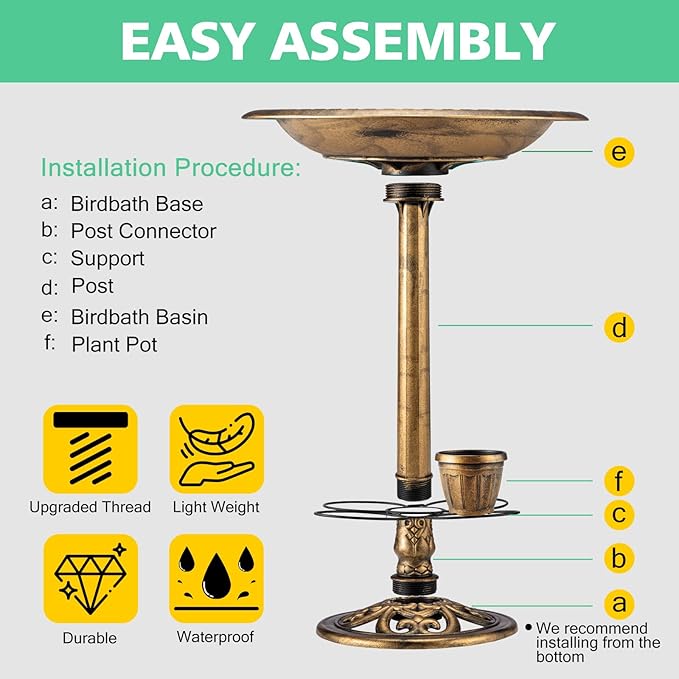 Bird Bath for Outside with 4 Removable Flower Planters 28in Polyresin Lightweight Vintage Birdbath for Outdoors Stake Standing Bowl and Water Feeder Yard Garden Decor Bronze