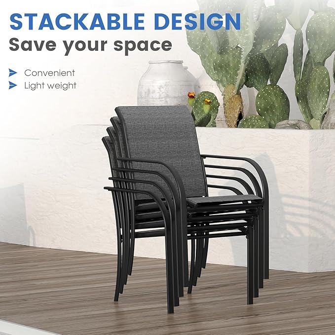 VICLLAX 5 Pieces Patio Dining Set for 4, Outdoor Furniture Set Includes 40.7" Round Patio Table and 4 Patio Stackable Chairs, Grey Tabletop and Grey Fabric