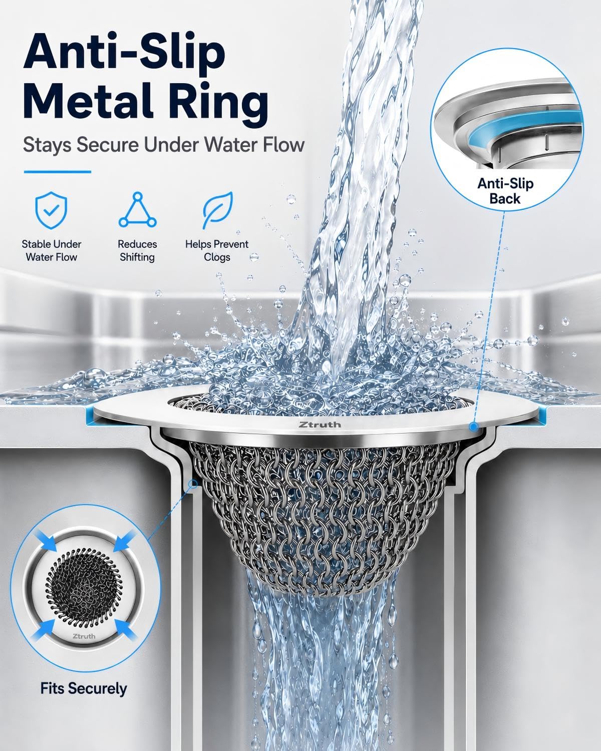 Kitchen Sink Drain Strainer, Flip-Clean Mesh Basket with Anti-Slip Ring