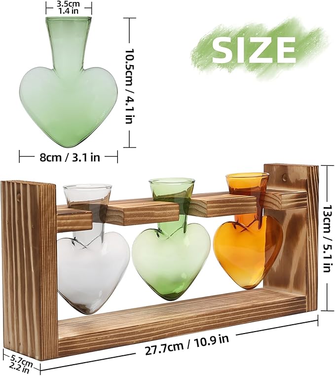 Plant Terrarium Propagation Stations Hydroponics Home Garden Decoration Gift for Women with Wooden Stand Heart Shaped Colored Glass Vase