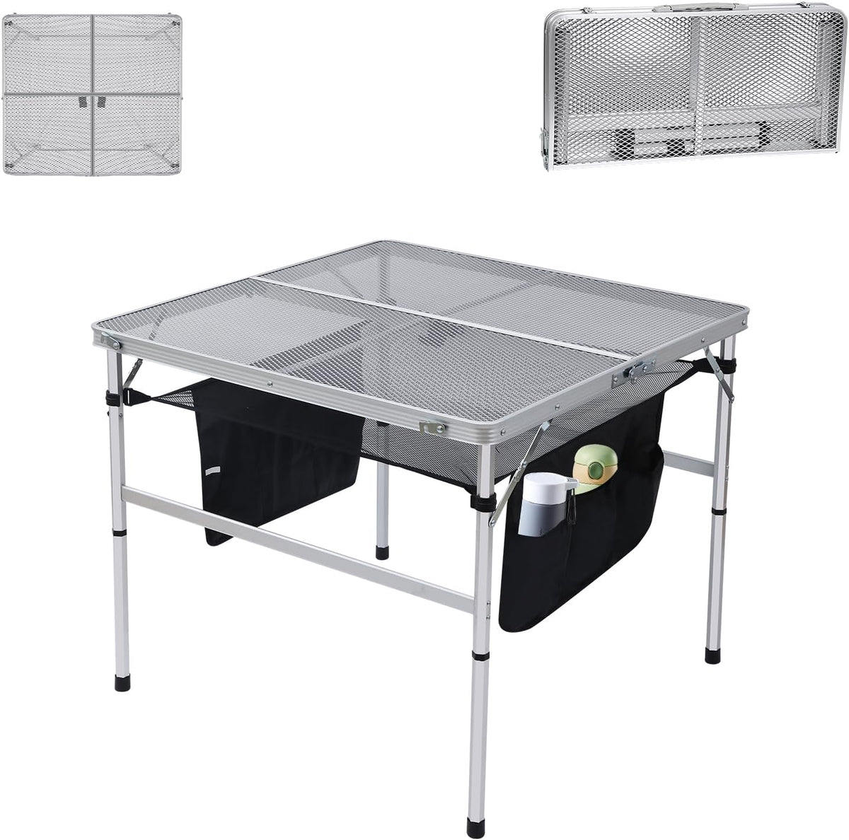 Nice C Square Table for Grill, Folding Table, Camping Table, Outdoor Table, Card Table, Height Adjustable, Mesh Bag Lightweight, Carry Handle, Aluminum (23.6"x23.6" White)