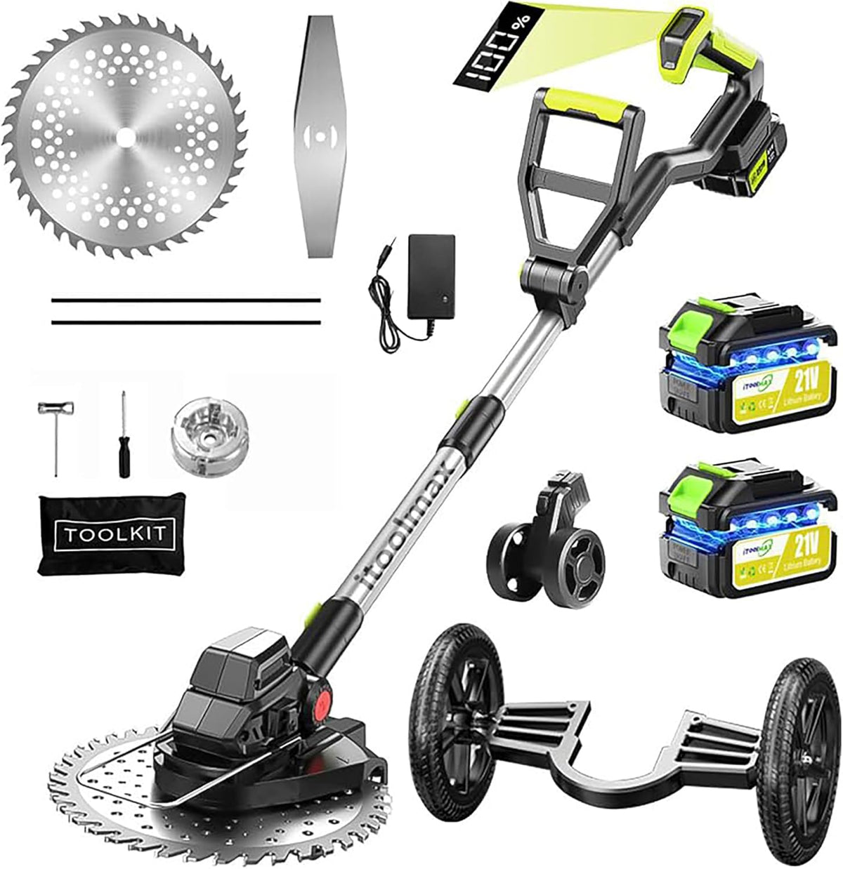 4 in 1 Cordless Weed Eater Pro, Electric Weed Wacker, Grass Trimmer Battery Powered with 2 Batteries, Brush Cutter & Grass Trimmer & Lawn Edger & Four-Wheel Assist with 3 Types of Blades
