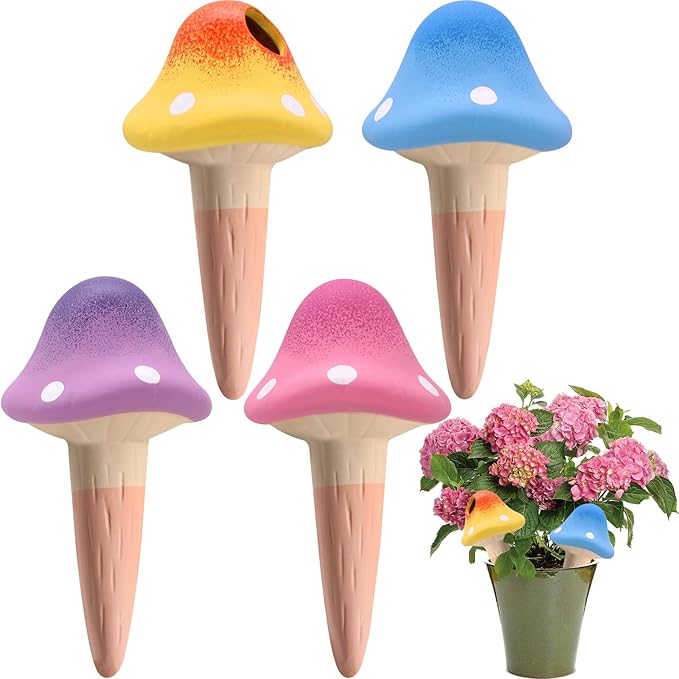 4 Pack Terracotta Watering Spikes, Vacation Self-Watering Planters Devices, Continuous Moisture with Slow Release Watering System Mushroom Shape