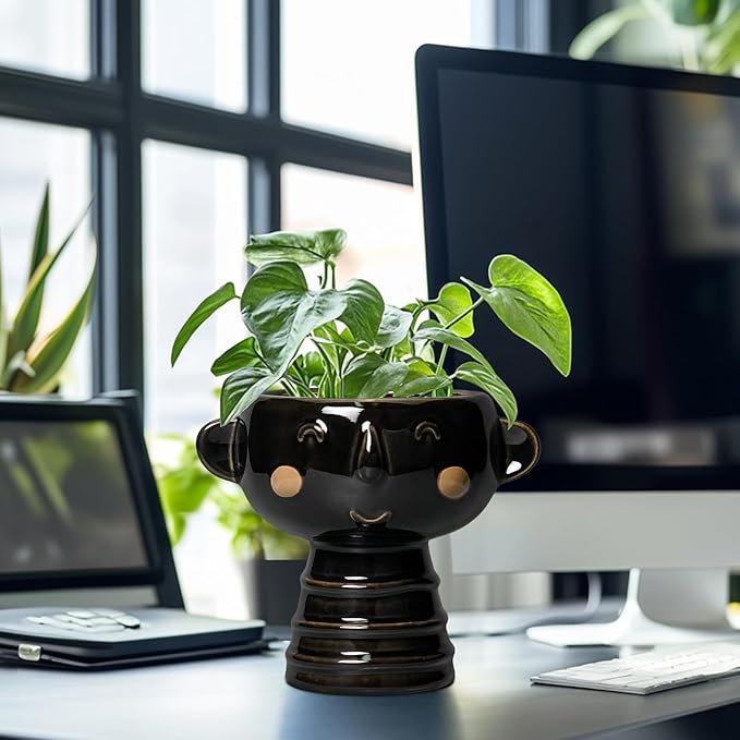Face Planter - 7 Inch Ceramic Head Planters for Indoor Plants Outdoor, Cute Succulent Pots with Drainage Hole, Decorative Plant Pot, Home Office Room Decor, Black