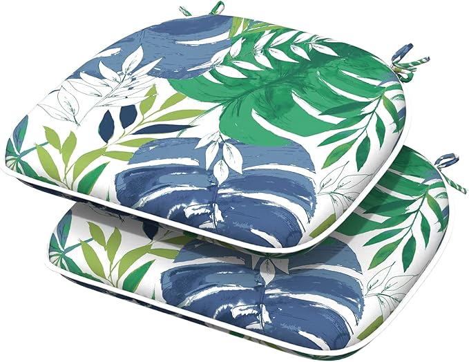 Indoor/Outdoor Chair Cushions 16x17 Inch, Patio Chair Cushions with Ties, All Weather Seat Cushions for Patio Furniture Home Garden Chair Use, Set of 2, Islamorada Blue Green