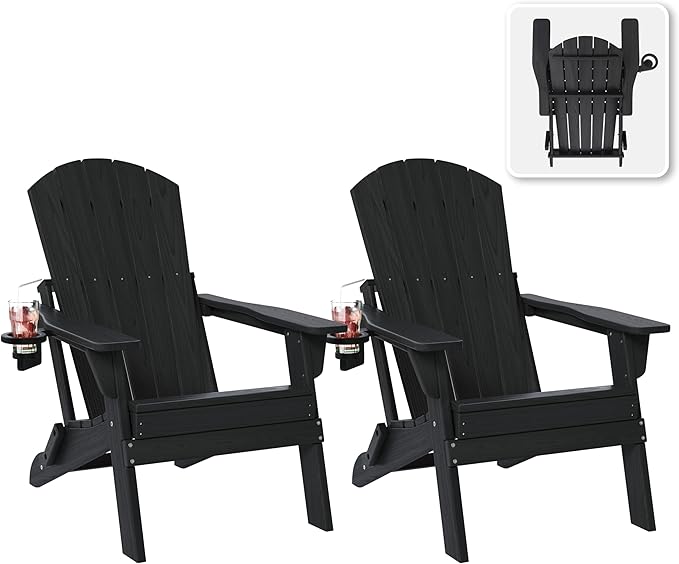 Folding Adirondack Chair Set of 2 with Cup Holder, HDPE All Weather Resistant Plastic Outdoor Patio Chairs, Heavy Duty Fire Pit Seating for Backyard Lawn Garden, Wooden Textured Design(Black)(Black)