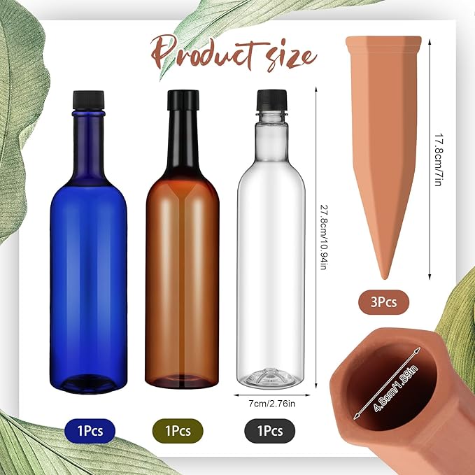 3 Sets Plant Watering Devices Include Terracotta Self Watering Spikes and 26 oz Plastic Bottles, Slow Release Vacation Insert Automatic Plant Waterer Device (Blue Clear Brown and Terracotta)