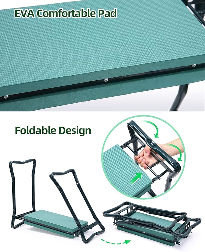 Ohuhu Garden Kneeler and Seat, Heavy Duty Garden Stool with EVA Foam Kneeling Pad, Foldable Gardening Bench with 2 Tool Pouches, 2-in-1 Portable Gardening Supplies, Idea Gifts for Women Men Seniors