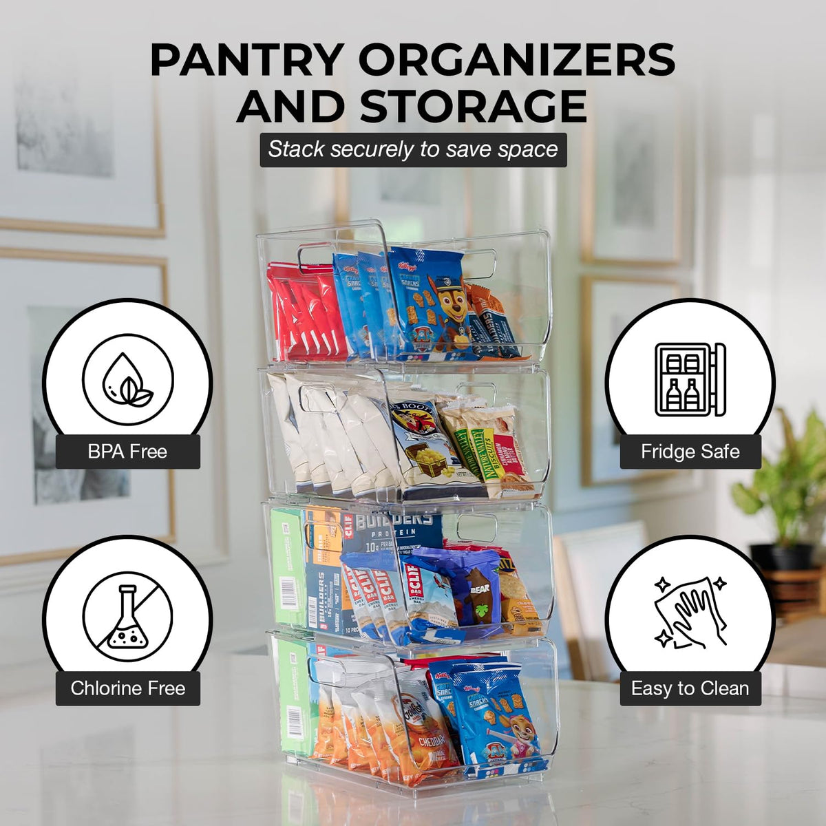 ClearSpace Stackable Storage Bins, Front Pantry Organizer, Medium, 4 Pack