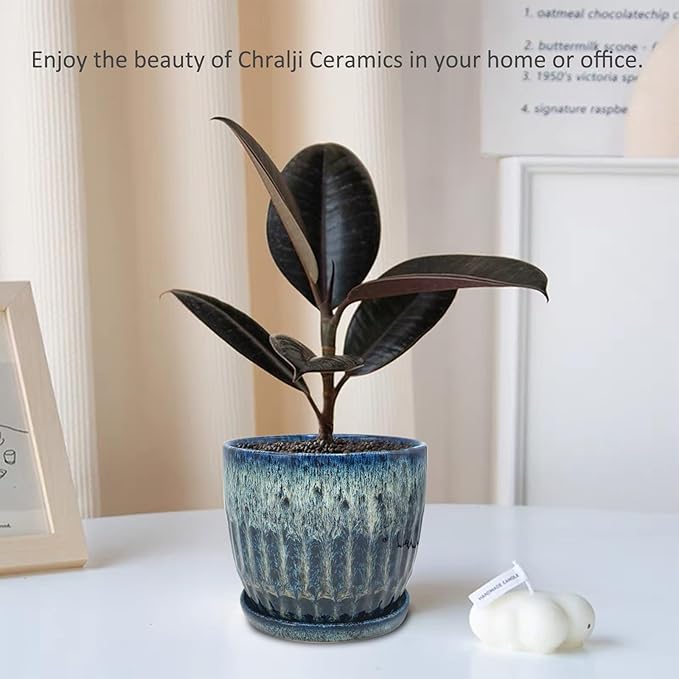 Ceramic Pots for Plants, 6in Ceramic Planters for Indoor Plants, Flower Pots with Drainage and Saucer, Reactive Glaze Blue