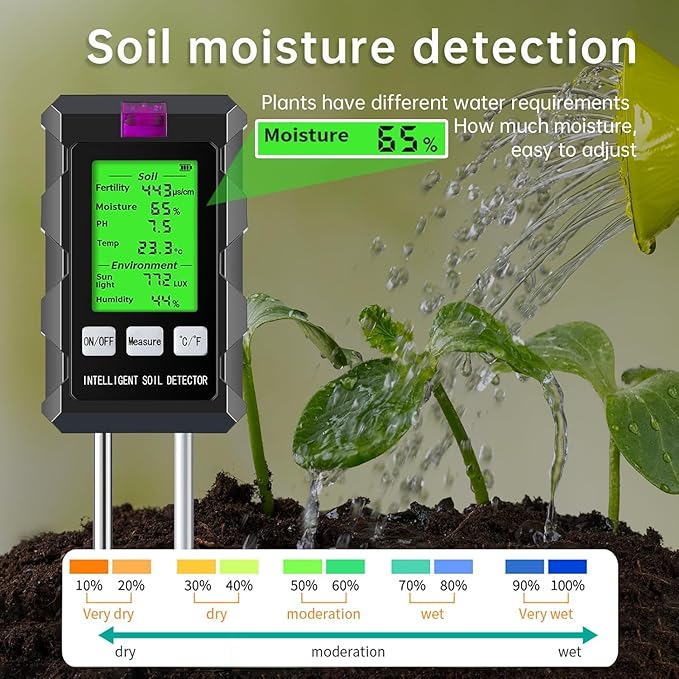 6-in-1 Soil Moisture Meter, Soil Test Kit with Soil Moisture/pH Meter/Temperature/Sunlight/Air Humidity/Soil Fertility, Soil Tester for Farming, Gardening and Outdoor Plants (2*AAA Battery Needed)