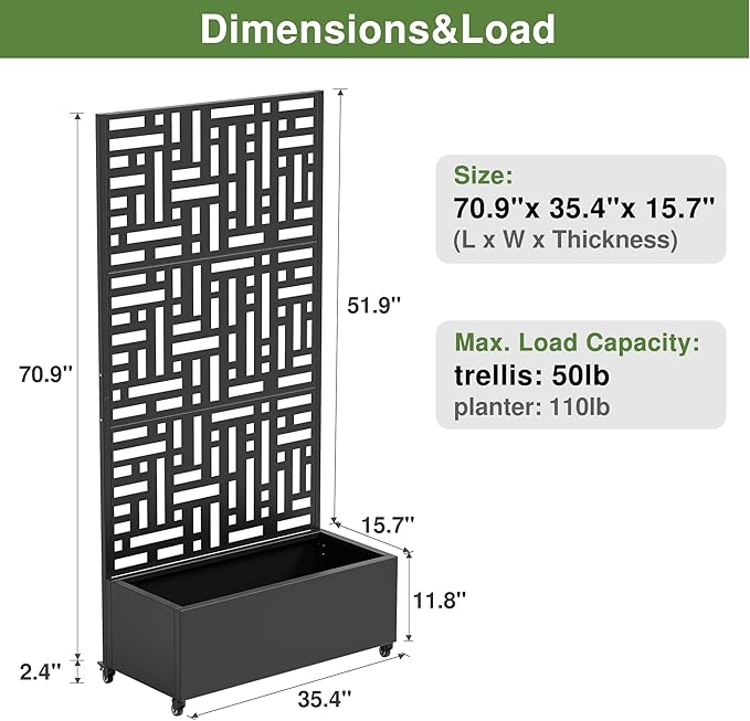 Casaphoria Metal Raised Garden Bed with Trellis and Wheels, 72"x35"x16" Planter Box for Climbing Plants, Vegetables & Vines, Features Drainage Holes and Privacy Screen (Black-Helen)