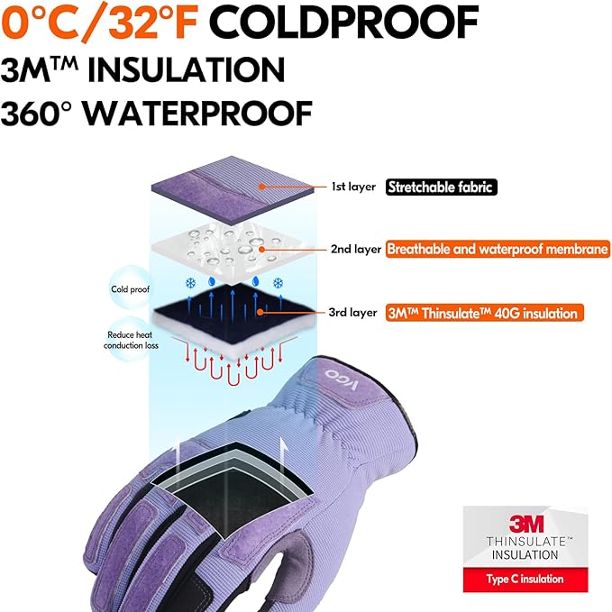 Vgo... Winter Gardening Gloves Women,Safety Work Gloves, Puncture-proof,Thornproof,Touchscreen(1 Pair,M,Purple,SL7471FLWP)
