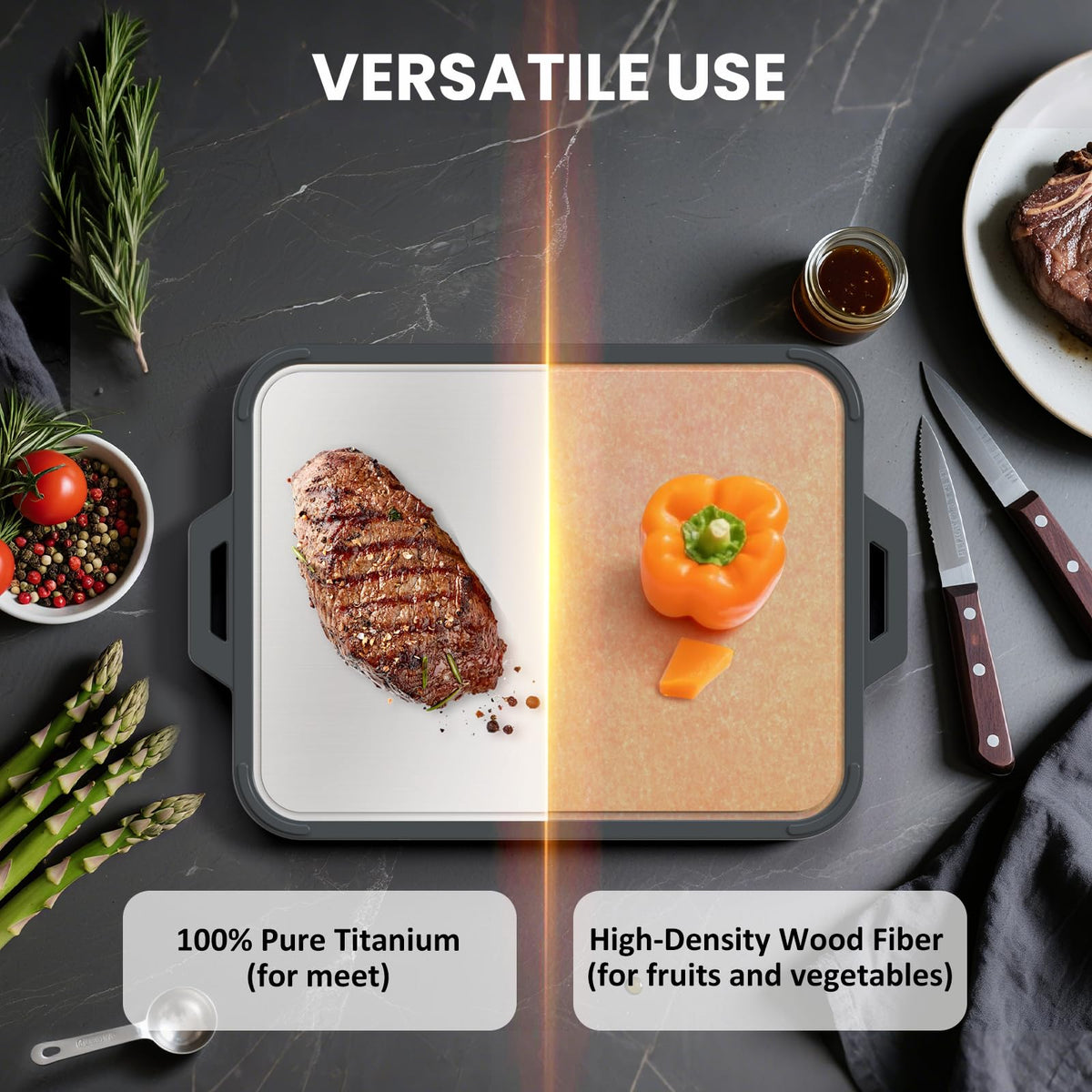 Titanium Cutting Board for Kitchen, Double Sided Pure Titanium & Wood Fiber