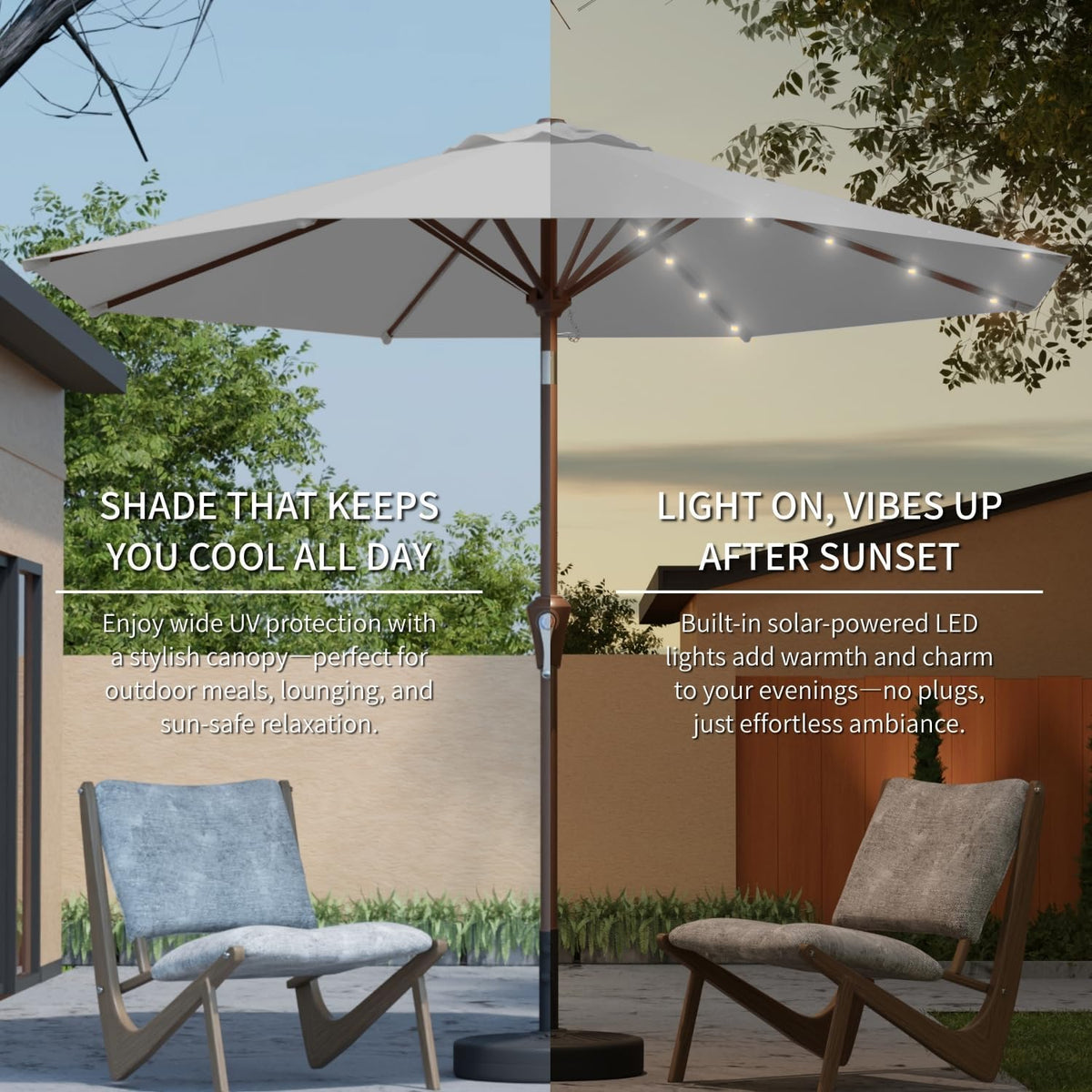 9FT Solar Umbrella 32 LED Lighted Patio Umbrella Table Market Umbrella w/Tilt and Crank, UV-Resistant Outdoor Umbrella for Pool, Garden, Deck, Light Gray