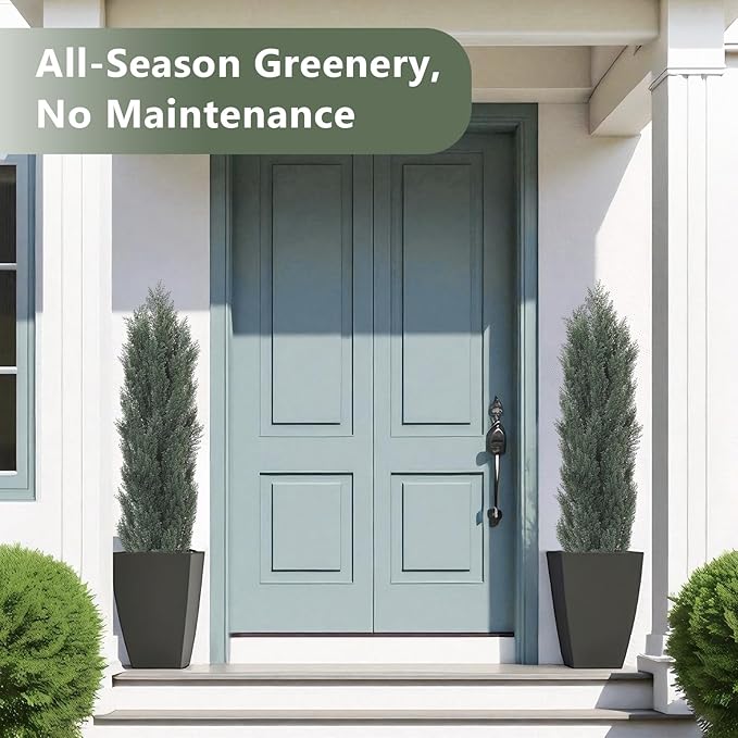 THE BLOOM TIMES 5ft Topiary Trees Artificial Outdoor – UV Resistant Faux Cedar Pine Cypress Bushes and Shrubs, Fake Potted Plants for Front Porch Outside Planter Patio Decor, Set of 2 (5 Foot)