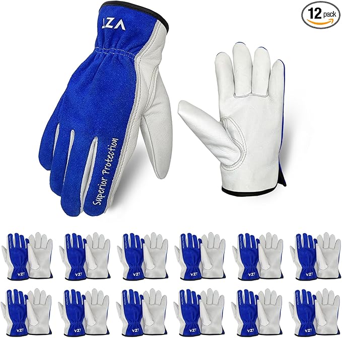 12 Pairs Bulk Leather Work Gloves for Men or Women for Construction, Wood cutting, Driving, Gardening, Automotive Repair, Water Resistant, Soft, Cowhide, Class 4 Abrasion Resistant, Blue-White, M