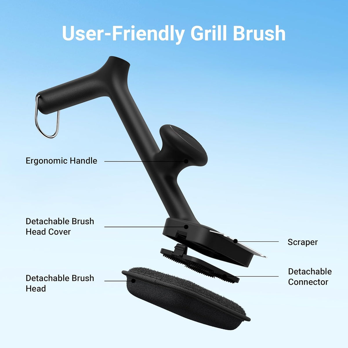 Grill Brush Bristle Free with 3 Replacement Brush Heads, Steam Grill Brush with Scraper, Non Metal Bristles for Cast Iron, Stainless-Steel Grates, Safe for Non-Stick Surface, Black