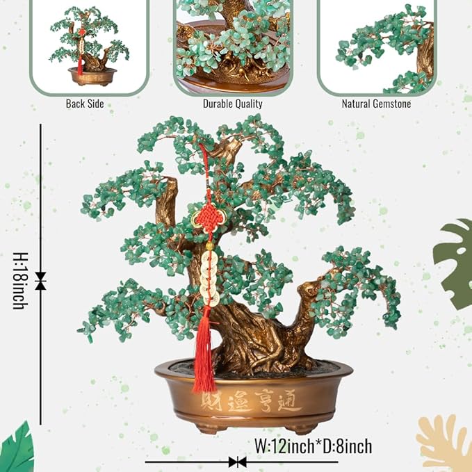 Green Aventurine Gemstone Crystal Bonsai Tree of Life（1,350 Gemstone Count） Large Feng Shui Money Chakra Tree for Luck and Wealth Desk Decoration 20 Inches