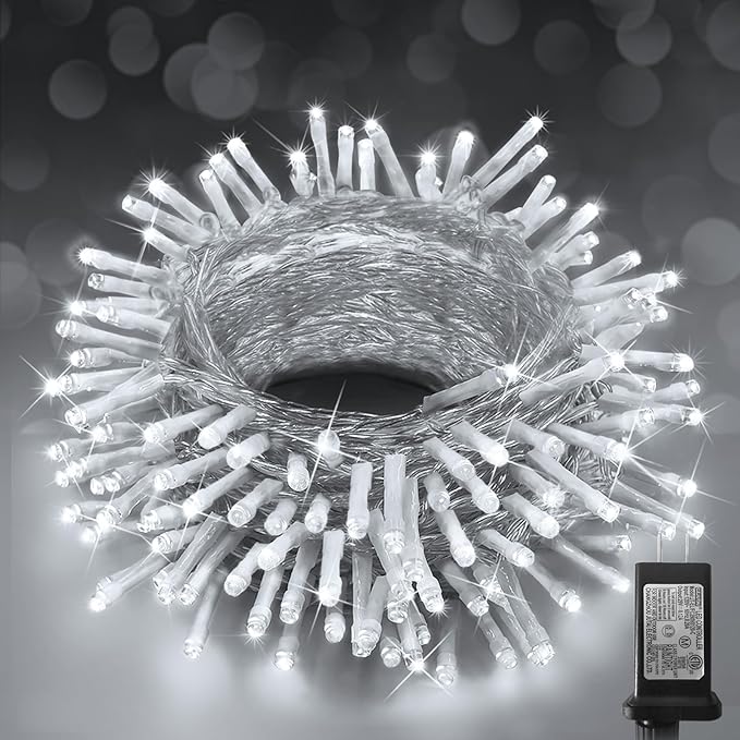 KNONEW Christmas String Lights Indoor Plug in,60FT 180LED Outdoor Waterproof Fairy Lights,8 Lighting Modes,Timer Memory Function for Bedroom Patio Balcony Party (Cool White)