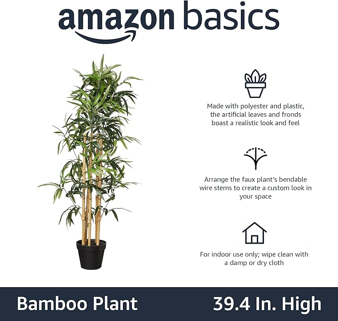 Amazon Basics Artificial Fake Bamboo Plant with Plastic Planter Pot, 39.4", Green