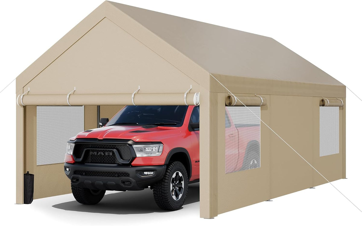 JY QAQA Carport, 12x20 FT Heavy Duty Carport with Removable Side Walls and Doors, Portable Garage with Roll-Up Window and Sandbags, Car Canopy with All-Season Tarp for Cars, Boats, Trucks, Khaki