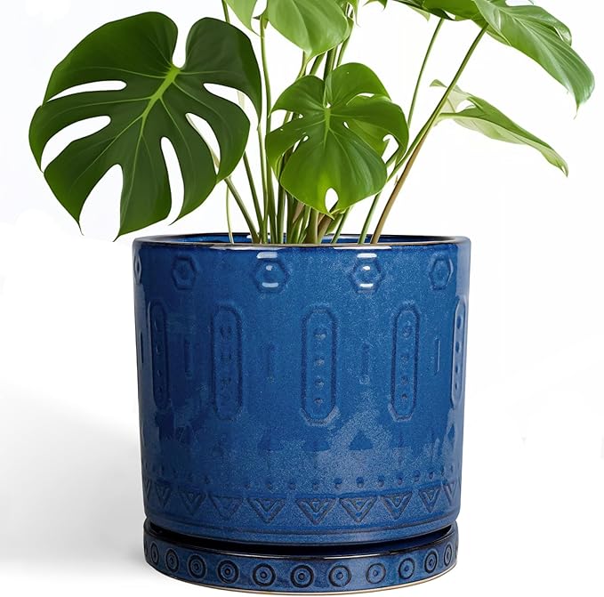 10 Inch Plant Pot - Ceramic Planter Outdoor Plant Pot Indoor with Drainage Holes and Saucer Large Flower Pot Round Decorative Planter for Garden Patio Decor Blue