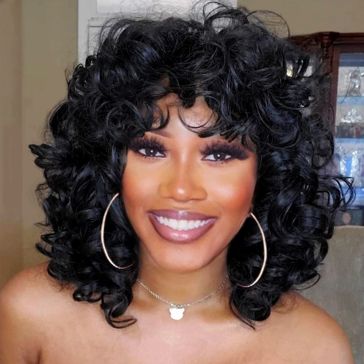 Andromeda Curly Wigs For Black Women Soft Black Short Curly Wig With Bangs Afro Loose Curls Heat Resistant Synthetic Wig For Afr