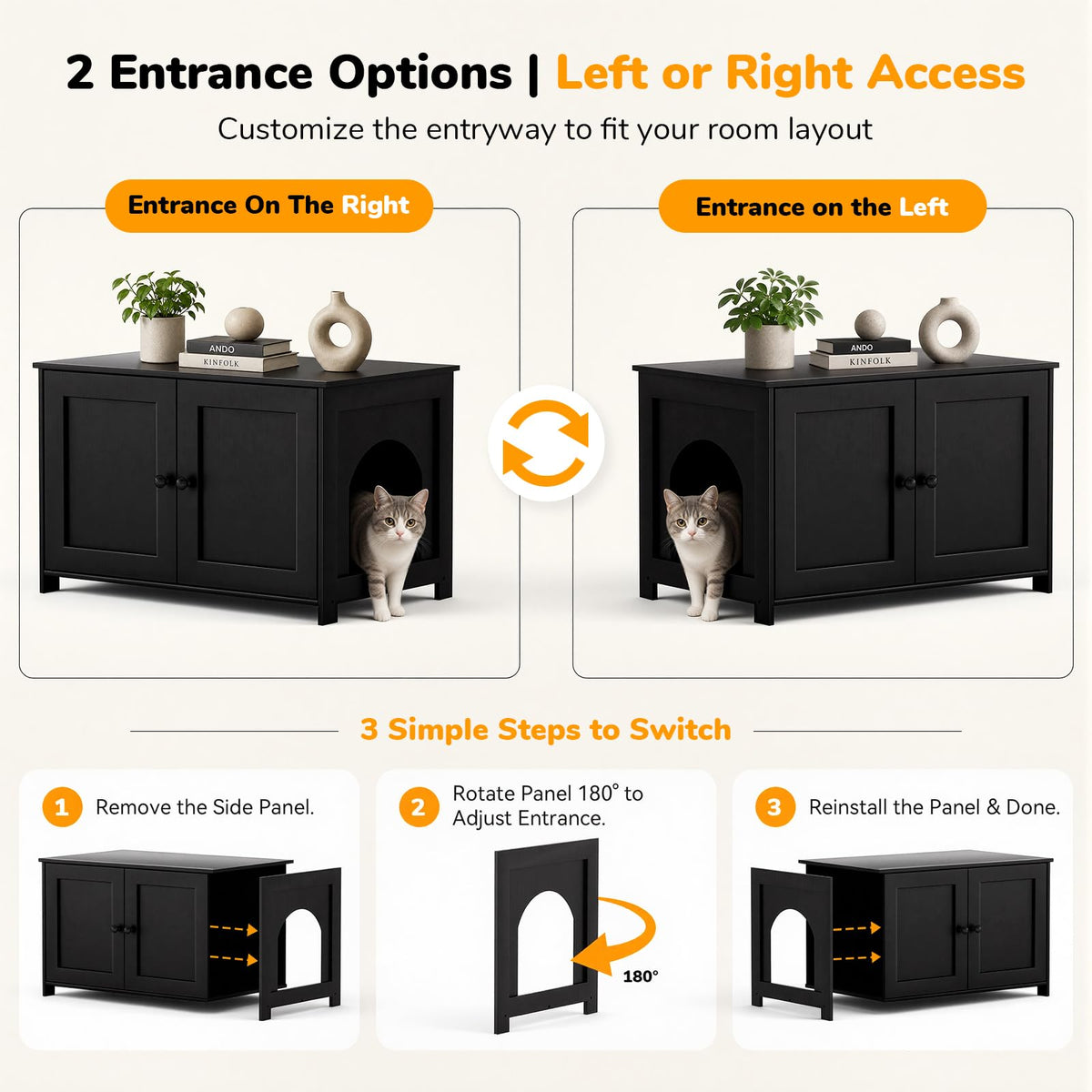 Fecuria Cat Litter Box Enclosure Furniture Dog Proof, Hidden Kitty Washroom Cabinet Low Entry, Wooden Cat Boxes Enclosure Odor Control for Home, Farmhouse Style Decorative TV Stand with Storage, Black