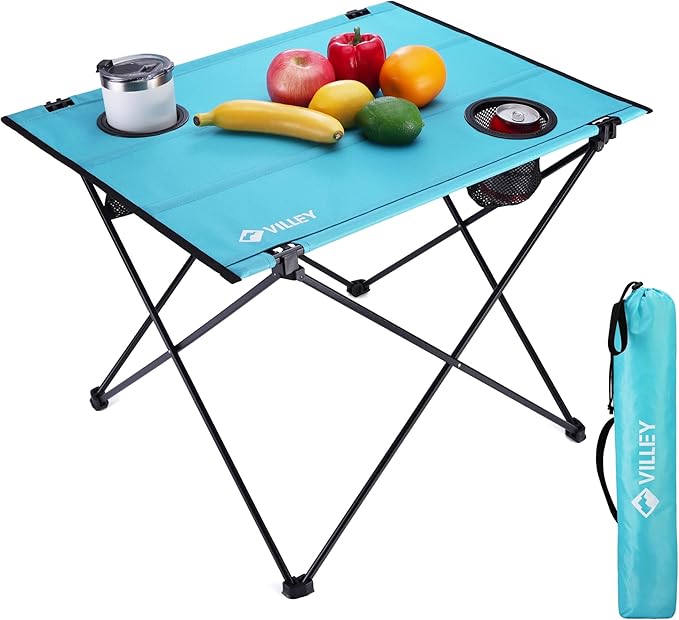 VILLEY Folding Camping Table, Lightweight Portable Beach Table with 2 Cup Holders & Carry Bag for Camping, Beach, Fishing, Travel, and Outdoor Activities (Large)
