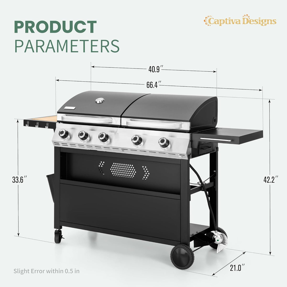 Captiva Designs Propane Gas Griddle Grill Combo with Porcelain-Enameled Cast Iron Grate & Cast Iron Pan, Dual BBQ Grill With Flat Top Griddle for Outdoor Kitchen & Backyard Barbecue,696 SQIN Cook Area