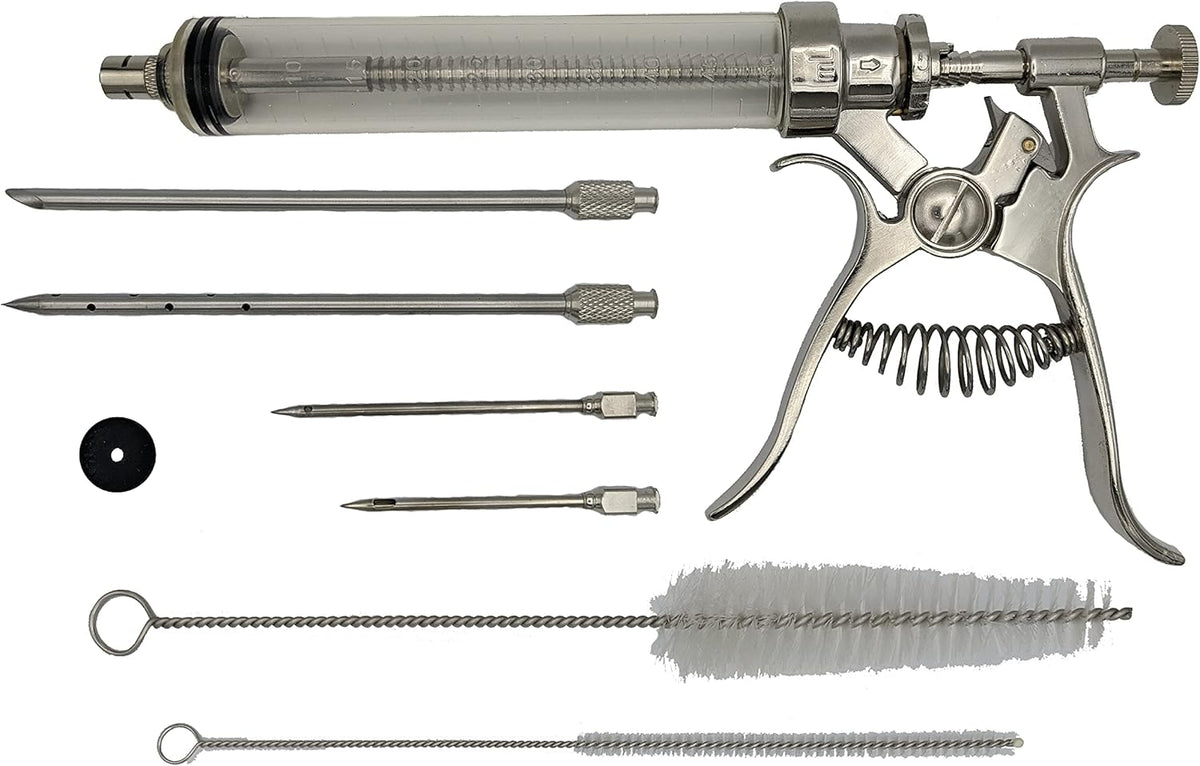 BBQ Smoker Grill Professional Meat Injector Syringe Kit for Smoking with Case, Heat Resistant Non Slip Gloves and Silicone Mop Brush for Turkey Marinade Injection