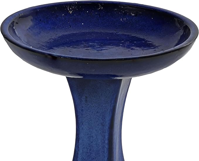 Sunnydaze Ceramic Bird Bath for Outside - 16" H - UV- and Frost-Resistant - Pedestal Bird Bath - Blue Glazed Bowl - Blue Glaze Finish