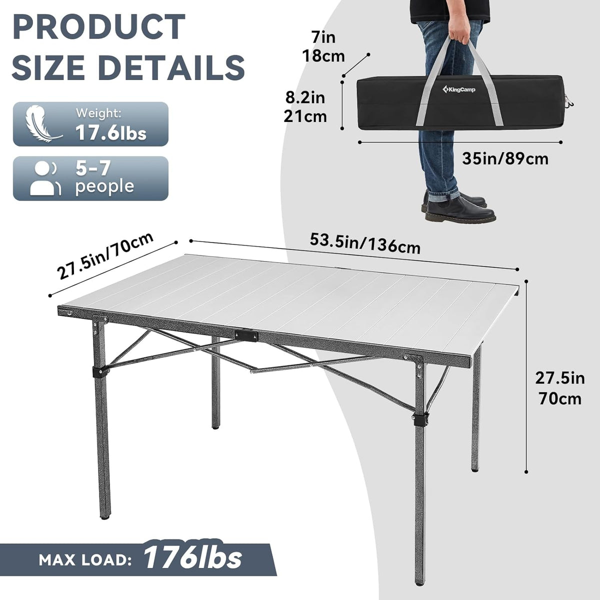KingCamp Camping Table Folding Portable Table Aluminum Roll Up Lightweight Foldable Large Camp Table for Indoor Outdoor Picnic Backyard, 53.5"X27.5"