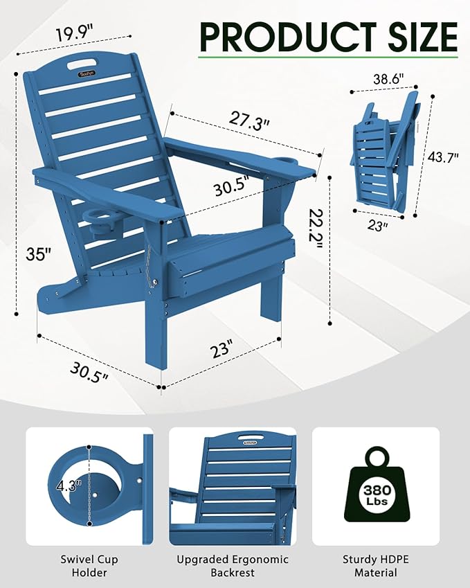 Adirondack Chairs Set of 2, Outdoor Fire Pit Chairs, HDPE All-Weather Adirondack Chairs with Cup Holder, Lawn Chair for Deck, Patio, Garden (NavyBlue)