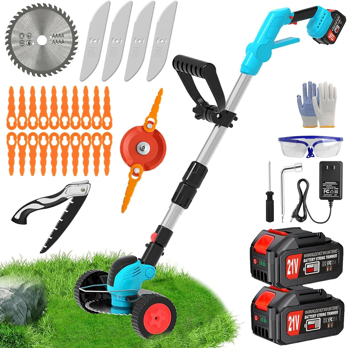 Electric Weed Wacker Cordless Eater Battery Powered,21V/4.0Ah Lightweight No-String Weed Trimmer with 2 Battery Operated& Wheels,3 in 1 Stringless Grass Trimmer/Edger/Brush Cutter for Garden Yard Lawn