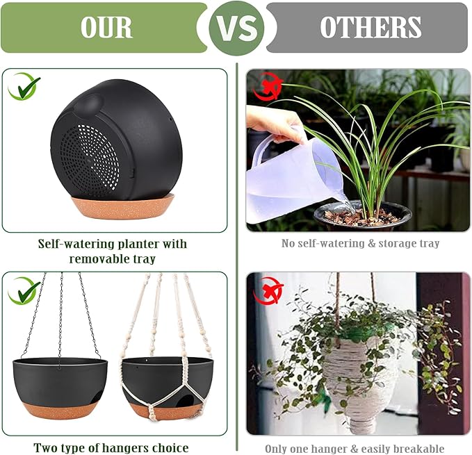 Hanging Planters for Outdoor Indoor Plants, 2 Pack 12 Inch Hanging Basket Plants Outdoor, Self Watering Hanging Planter with Plant Hanger for Garden Home Decoration (2 Type Plant Hangers Black)