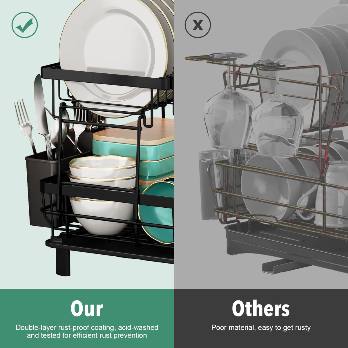 MOUKABAL 2 Tier Dish Drying Rack with Drainboard for Kitchen Counter, Black