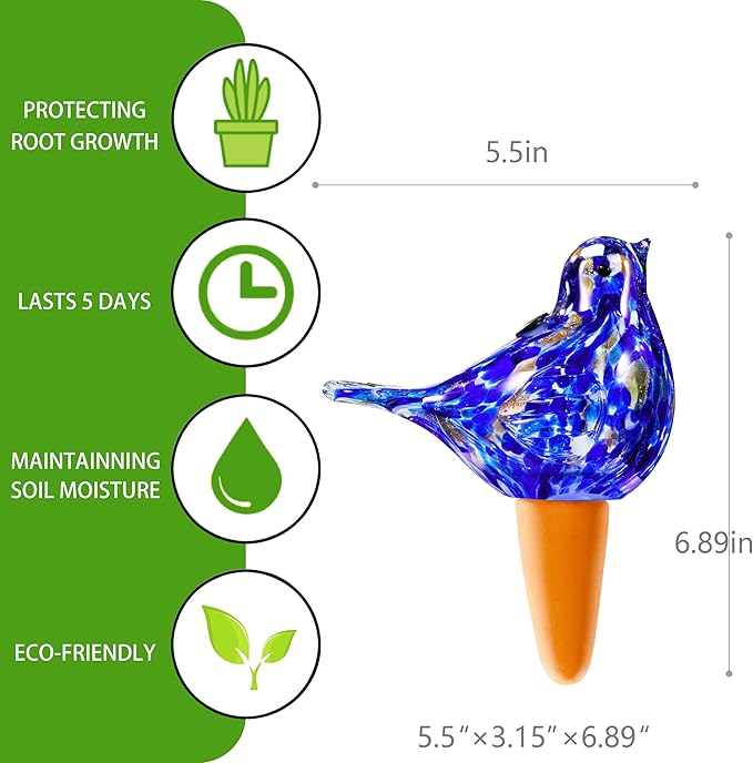 Glass Bird Shaped Plant Watering Ball Glass Automatic Watering Ball Flower Pot Insertion Spike Drip Irrigation Device Watering Ball Irrigation System Plant Enthusiast Gift (Dark Blue)