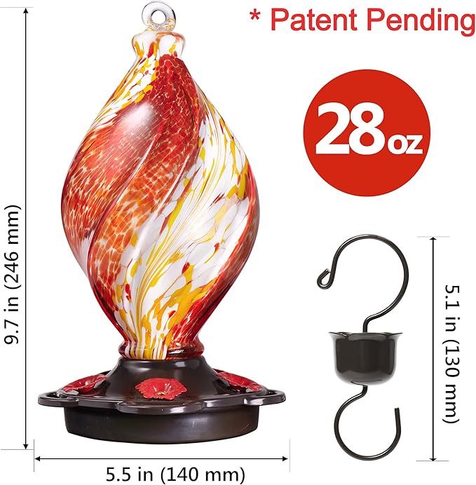 LUJII Ice Cream Shaped Spiral Hummingbird Feeder, Hand Blown Glass, 28 fl.oz, Leak Proof & Rustproof, Includes an Ant Moat for Outdoors Hanging, Unique & Stylish Garden, Outside & Backyard Decor (Red)