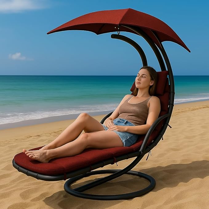 Weatherproof Replacement Cushion Pad and Umbrella for Hanging Lounge Chair Outdoor Chaise Hanging Hammock Chair - Long-Lasting, Fade-Resistant, Quick-Dry, Outdoor Lounge Replacement Set - Red