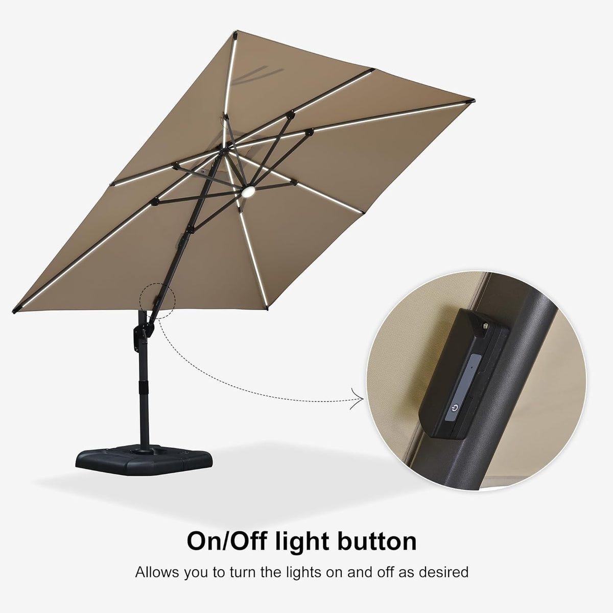 PURPLE LEAF 10 Feet Patio Umbrella Outdoor Cantilever Solar Powered LED Square Umbrella Aluminum Offset Umbrella with 360-degree Rotation for Garden Deck Pool Patio, Beige