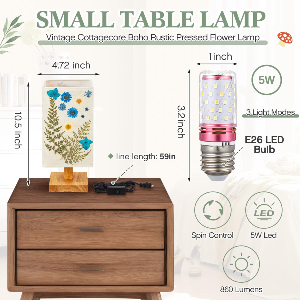 Hortsun Pressed Flower Vintage Table Lamp,Rectangle