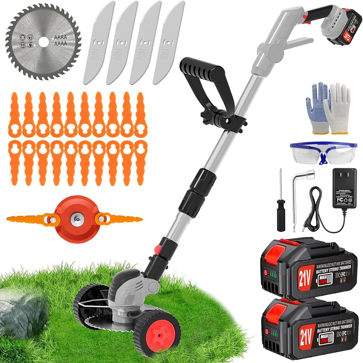 Electric Weed Wacker Cordless Eater, Battery Powered No String Grass Trimmer with 2 21V/4Ah Battery Operated&3 Types Blade&Wheels, Lightweight Weed Trimmer/Edger Lawn Tool for Garden Yard