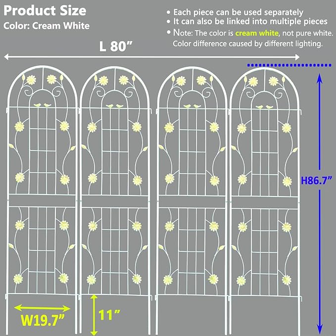 4 Pack Metal Garden Trellis 86.7" H Garden Fence Rustproof Trellis Cream White for Climbing Plants Support Roses Flower Cucumber Outdoor Lawn, White