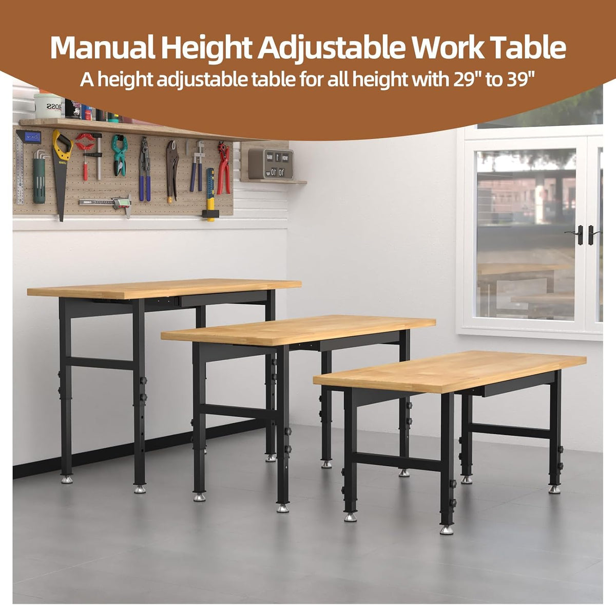 48'' Adjustable Workbench, Solid Wood Work Bench Table, Metal Tool Bench Work Bench for Garage, Large Load Capacity Garage Workbench Workshop Table for Workshop,Office,Home, Easy Assembly