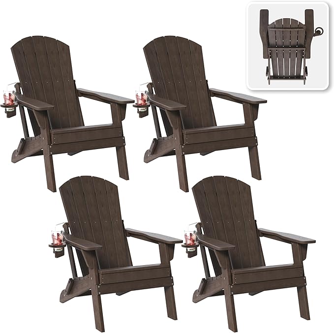 Folding Adirondack Chair Set of 4 with Cup Holder, HDPE All Weather Resistant Plastic Outdoor Patio Chairs, Heavy Duty Fire Pit Seating for Backyard Lawn Garden, Wooden Textured Design(Coffee)