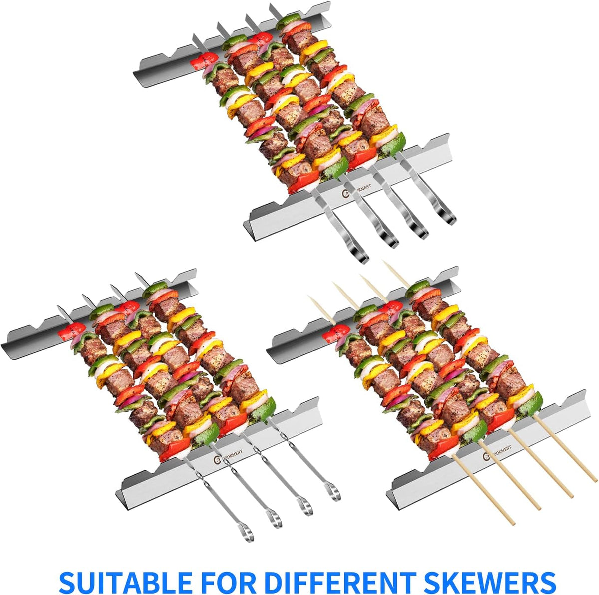 Kabob Skewers Stainless Steel Long BBQ Barbecue Skewers, Flat Metal Kebob Sticks Wide Reusable Grilling Skewers for Meat Chicken,Set of 9 Including 2 barbeecue rack with Storage Bag
