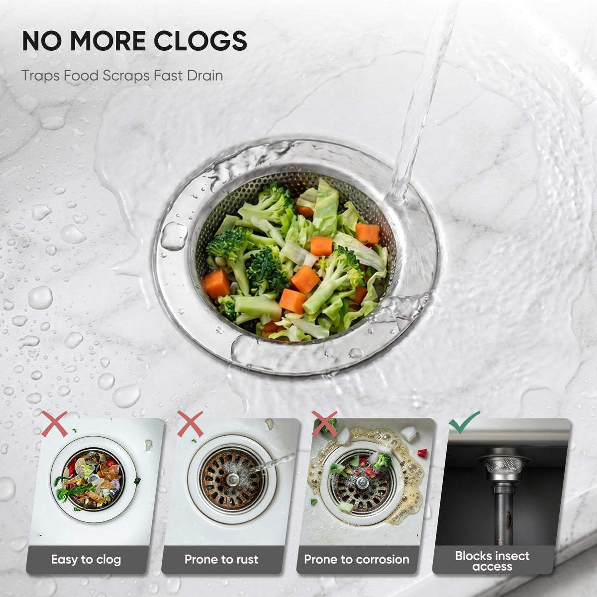 4 Pack Kitchen Sink Strainer, 304 Stainless Steel Sink Drain Strainer, 2mm Micro-Perforated Food Catcher Basket, Wide Rim Anti-Clog Filter, Fit 4.5in Sinks & Garbage Disposals, Dishwasher Safe