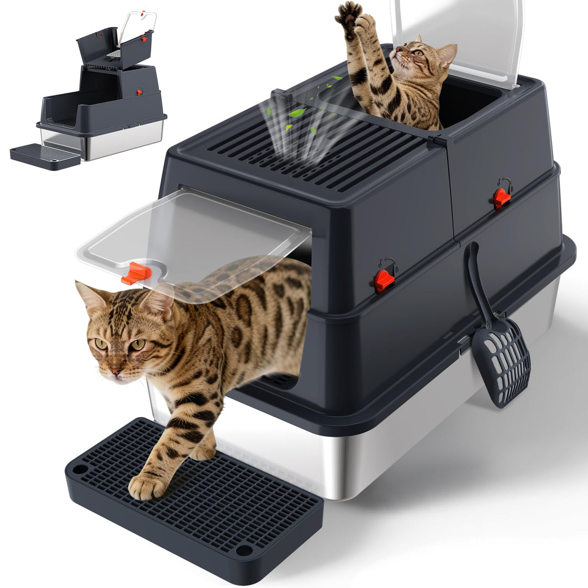 Stainless Steel Litter Box with Lid, Enclosed Metal Litter Box, Extra Large Kitty Litter Pan Covered with Scoop & Pedal, Odor Control, Odor Free, Front & Flip-Top Entry, Black